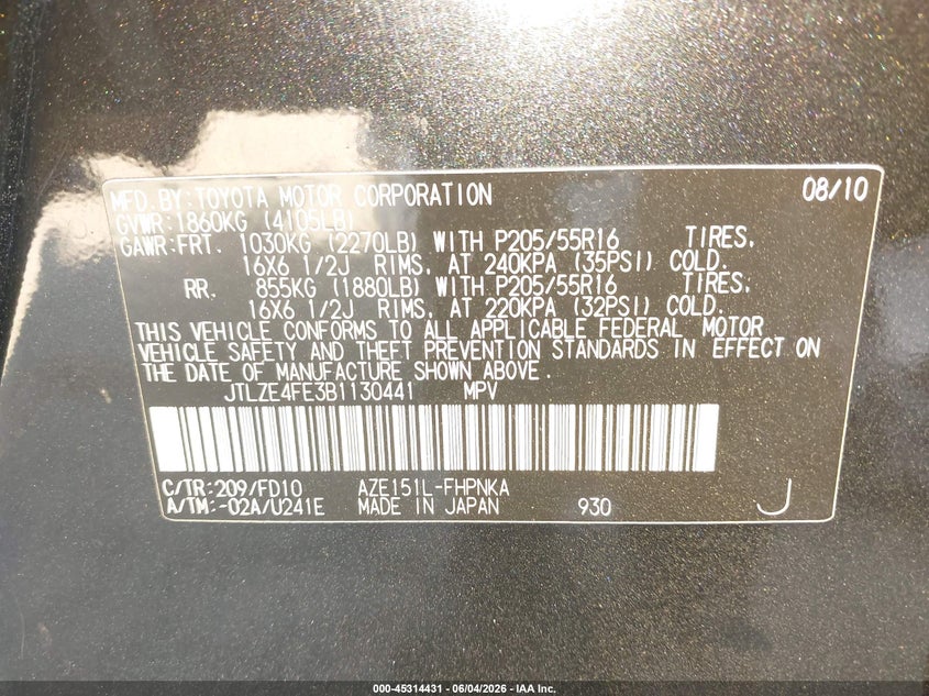 2011 Scion Xb VIN JTLZE4FE3B1130441 IAAI salvage auction — FRONT END, Salvage (California), sold $725 on 2026-07-16 (photo 9)