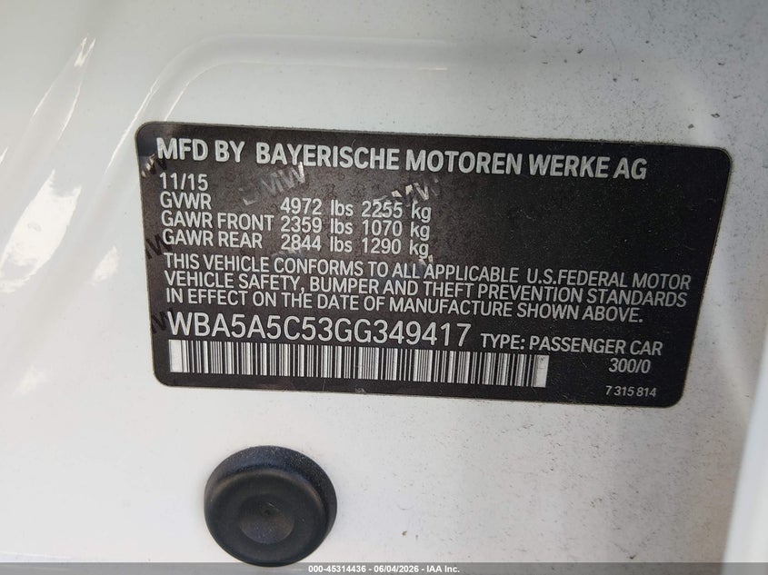 2016 BMW 5er VIN WBA5A5C53GG349417 IAAI salvage auction — LEFT FRONT, Salvage Title, sold $3,500 on 2026-07-09 (photo 9)