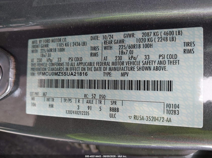 2025 Ford Escape VIN 1FMCU0MZ5SUA21816 IAAI salvage auction — REAR END, Original (Texas), sold $15,000 on 2026-08-22 (photo 9)