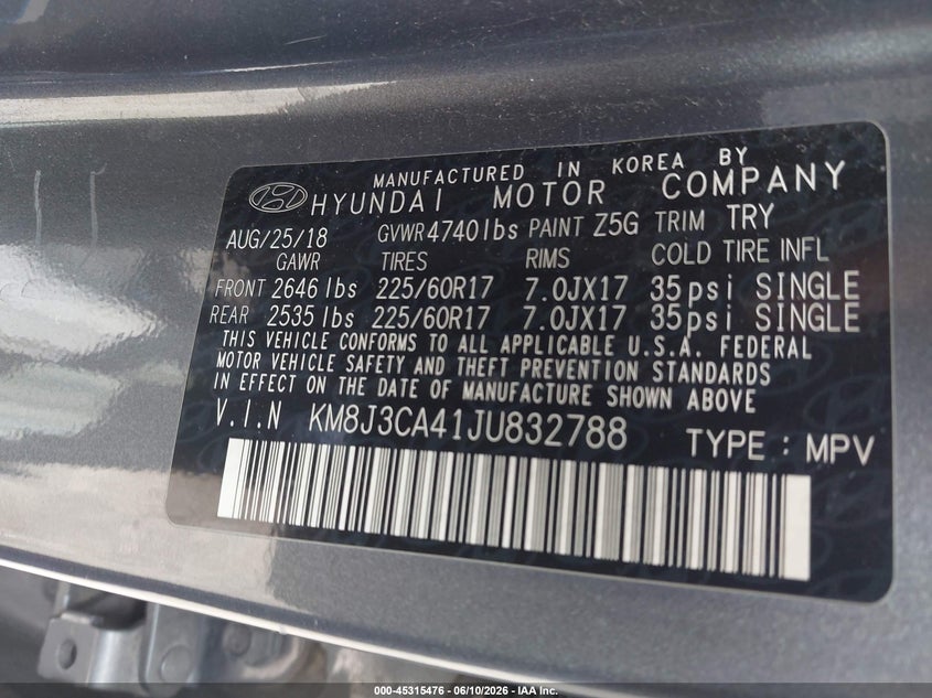 2018 Hyundai Tucson VIN KM8J3CA41JU832788 IAAI salvage auction — FRONT END, Salvage Title, sold $3,375 on 2026-07-28 (photo 9)