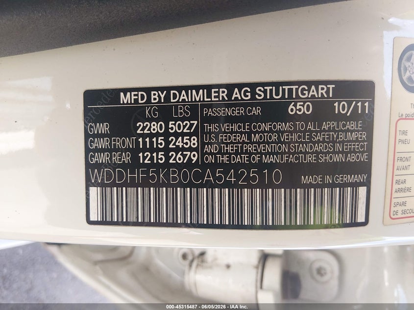 2012 Mercedes-benz E-klasse VIN WDDHF5KB0CA542510 IAAI salvage auction — LEFT FRONT, Salvage Title, sold $800 on 2026-07-09 (photo 9)