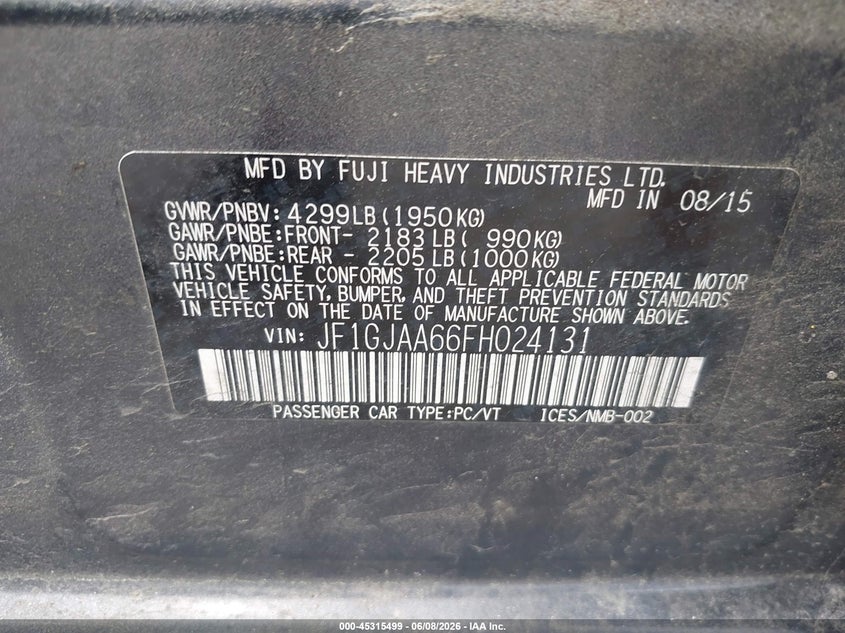 2015 Subaru Impreza VIN JF1GJAA66FH024131 IAAI salvage auction — FRONT END, Salvage Title, sold $600 on 2026-07-17 (photo 9)