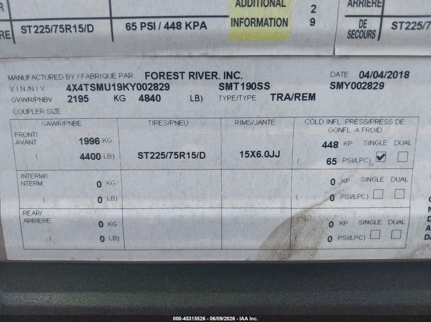 2019 Forest river Salem VIN 4X4TSMU19KY002829 IAAI salvage auction — FRONT & REAR, Clear (Georgia), sold $2,150 on 2026-07-29 (photo 9)
