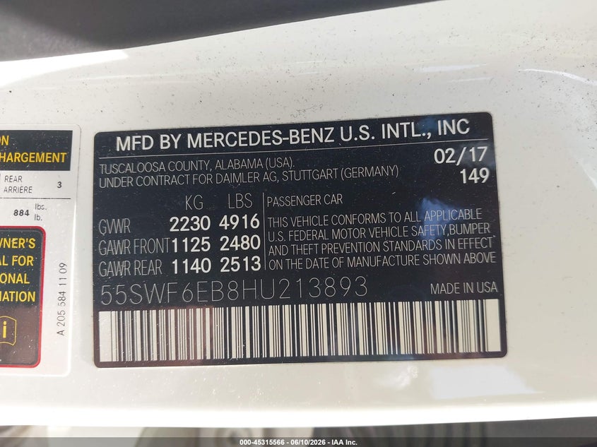 2017 Mercedes-benz VIN 55SWF6EB8HU213893 IAAI salvage auction — FRONT END, Salvage (Connecticut), sold $7,950 on 2026-07-24 (photo 9)
