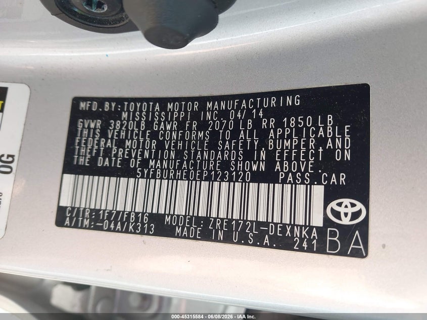 2014 Toyota Corolla VIN 5YFBURHE0EP123120 IAAI salvage auction — SIDE, Salvage Title, sold $2,800 on 2026-07-31 (photo 9)