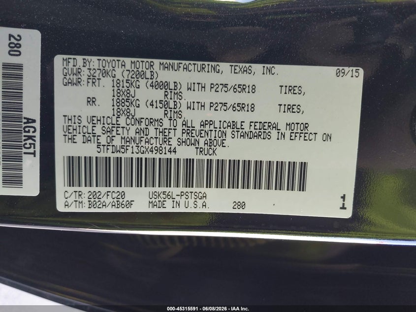 2016 Toyota Tundra VIN 5TFDW5F13GX498144 IAAI salvage auction — FRONT END, Salvage (Utah), sold $7,900 on 2026-07-27 (photo 9)