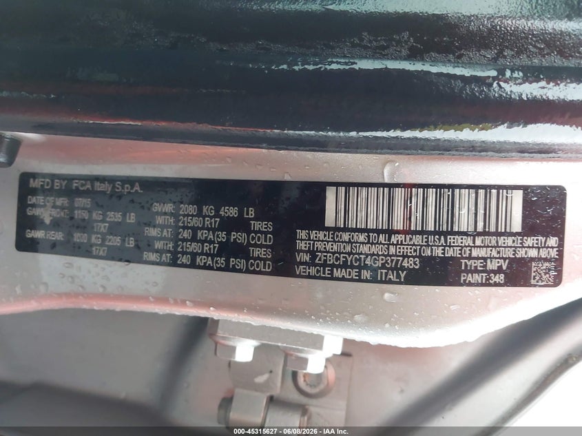 2016 Fiat 500x VIN ZFBCFYCT4GP377483 IAAI salvage auction — RIGHT REAR, Salvage (Missouri), sold $550 on 2026-07-28 (photo 9)