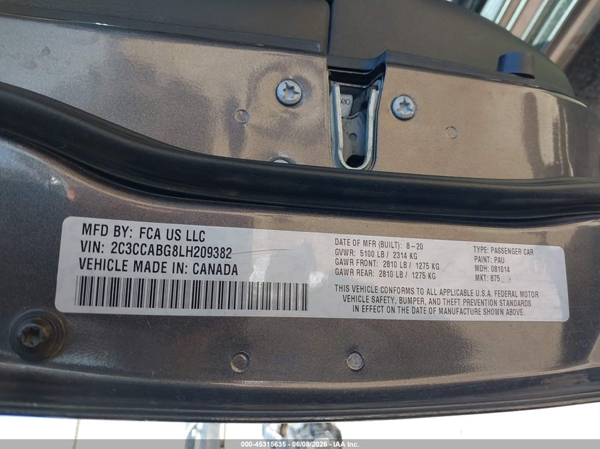 2020 Chrysler 300 VIN 2C3CCABG8LH209382 IAAI salvage auction — FRONT END, Salvage Title, sold $4,000 on 2026-09-02 (photo 9)