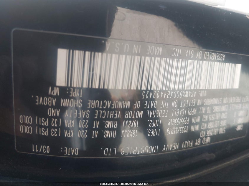 2011 Subaru Tribeca VIN 4S4WX9GDXB4402425 IAAI salvage auction — NORMAL WEAR, Clear (Utah), sold $350 on 2026-07-09 (photo 9)