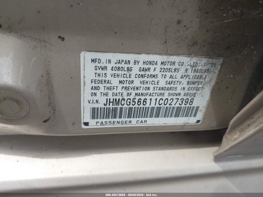 2001 Honda Accord VIN JHMCG56611C027398 IAAI salvage auction — FRONT END, Salvage (Texas), sold $275 on 2026-07-08 (photo 9)