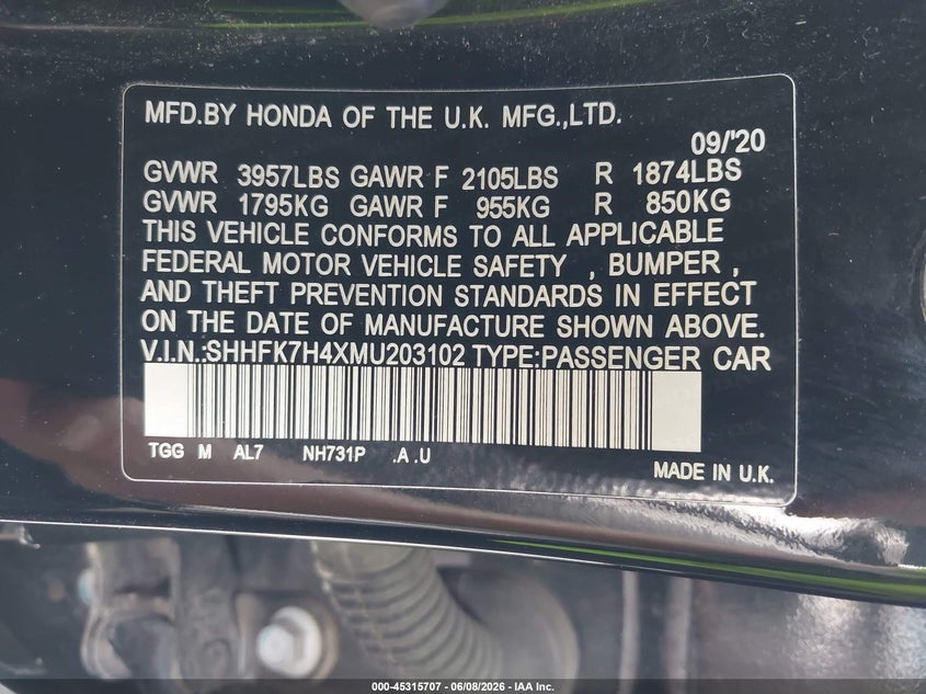 2021 Honda Civic VIN SHHFK7H4XMU203102 IAAI salvage auction — FRONT END, Salvage Title, sold $4,450 on 2026-07-15 (photo 9)