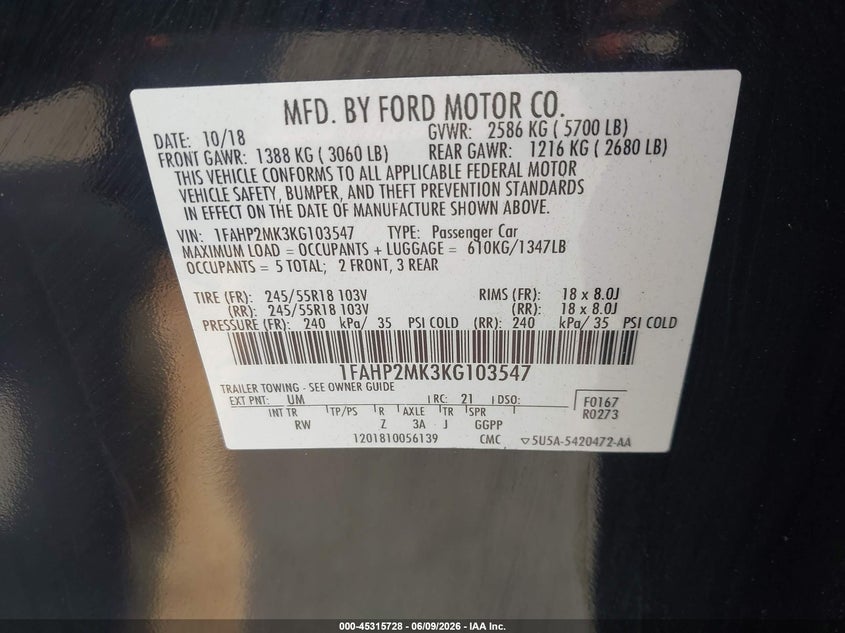 2019 Ford Police VIN 1FAHP2MK3KG103547 IAAI salvage auction — RIGHT FRONT, Salvage Title, sold $700 on 2026-07-22 (photo 9)