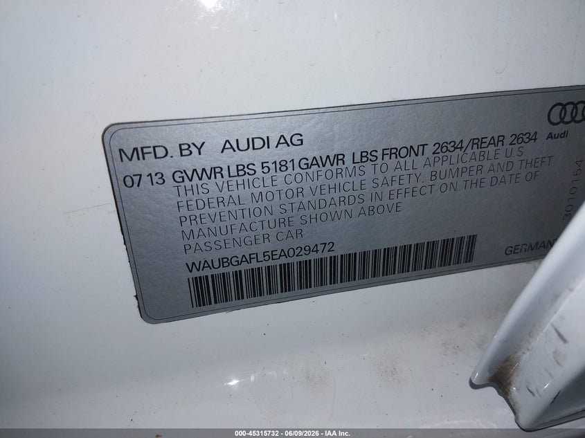 2014 Audi S4 VIN WAUBGAFL5EA029472 IAAI salvage auction — FRONT END, Salvage Title, sold $2,175 on 2026-07-10 (photo 9)