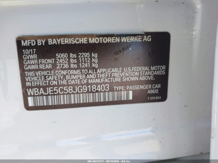 2018 BMW 5er VIN WBAJE5C58JG918403 IAAI salvage auction — ROLLOVER, Salvage Title, sold $1,350 on 2026-07-22 (photo 9)