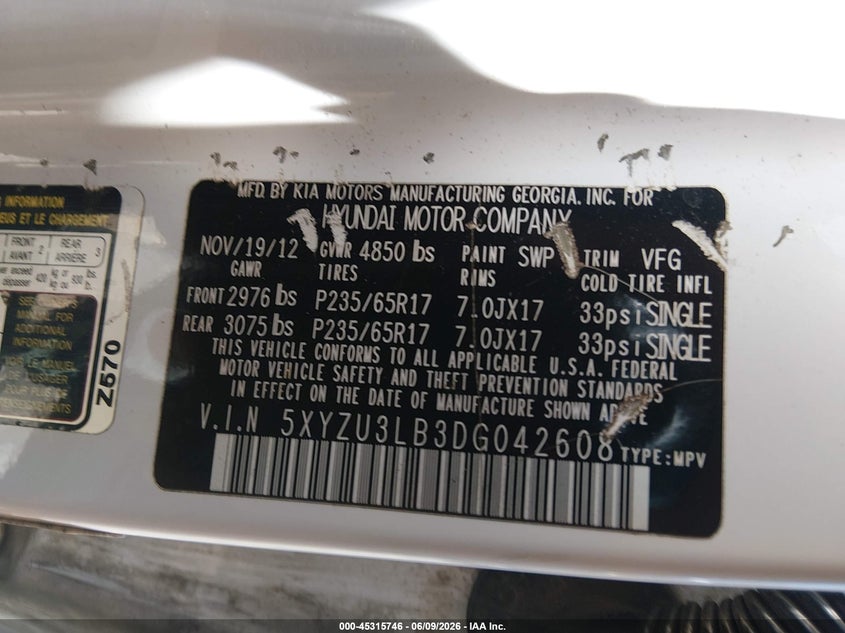 2013 Hyundai Santa fe VIN 5XYZU3LB3DG042608 IAAI salvage auction — FRONT END, Salvage Title, sold $575 on 2026-07-08 (photo 9)