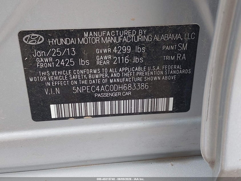 2013 Hyundai Sonata VIN 5NPEC4AC0DH683386 IAAI salvage auction — NORMAL WEAR, Salvage Title, sold $700 on 2026-07-15 (photo 9)