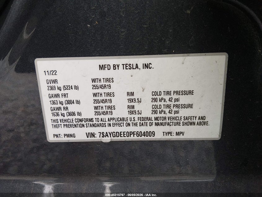 2023 Tesla Model y VIN 7SAYGDEE0PF604009 IAAI salvage auction — FRONT END, Salvage Title, sold $14,850 on 2026-07-08 (photo 9)