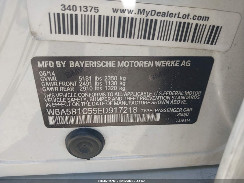 2014 BMW 5er VIN WBA5B1C55ED917218 IAAI salvage auction — NORMAL WEAR, Salvage Title, sold $300 on 2026-07-22 (photo 9)