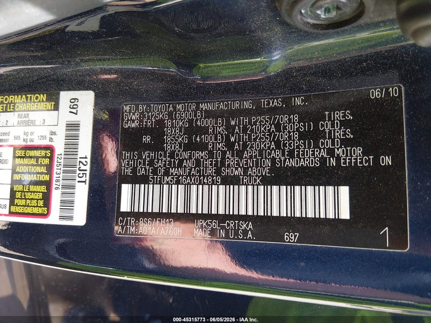 2010 Toyota Tundra VIN 5TFUM5F16AX014819 IAAI salvage auction — BIO HAZARD, Salvage (Maine), sold $2,800 on 2026-07-27 (photo 9)