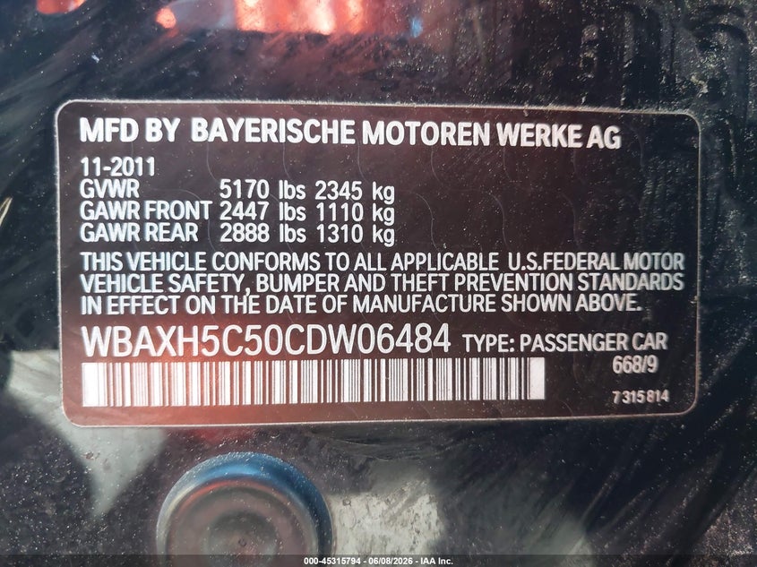2012 BMW 5er VIN WBAXH5C50CDW06484 IAAI salvage auction — RIGHT SIDE, Salvage Title, sold $925 on 2026-07-10 (photo 9)
