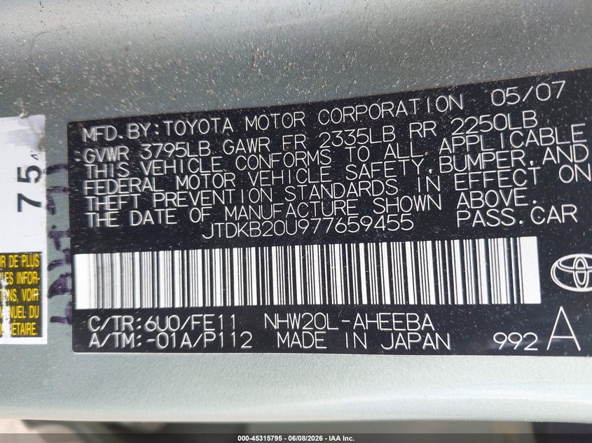 2007 Toyota Prius VIN JTDKB20U977659455 IAAI salvage auction — REAR END, Clear (Virginia), sold $450 on 2026-07-13 (photo 9)