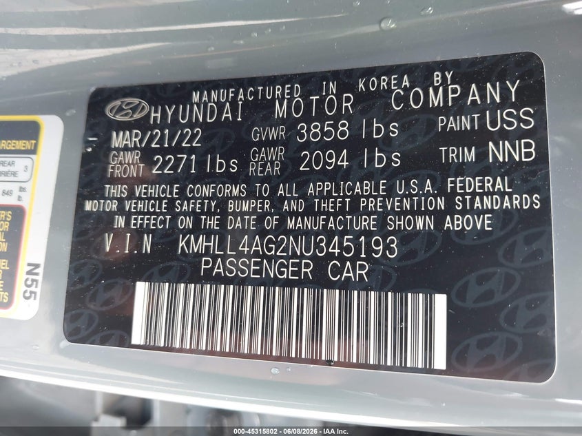2022 Hyundai Elantra VIN KMHLL4AG2NU345193 IAAI salvage auction — LEFT SIDE, Salvage (Georgia), sold $3,400 on 2026-07-29 (photo 9)