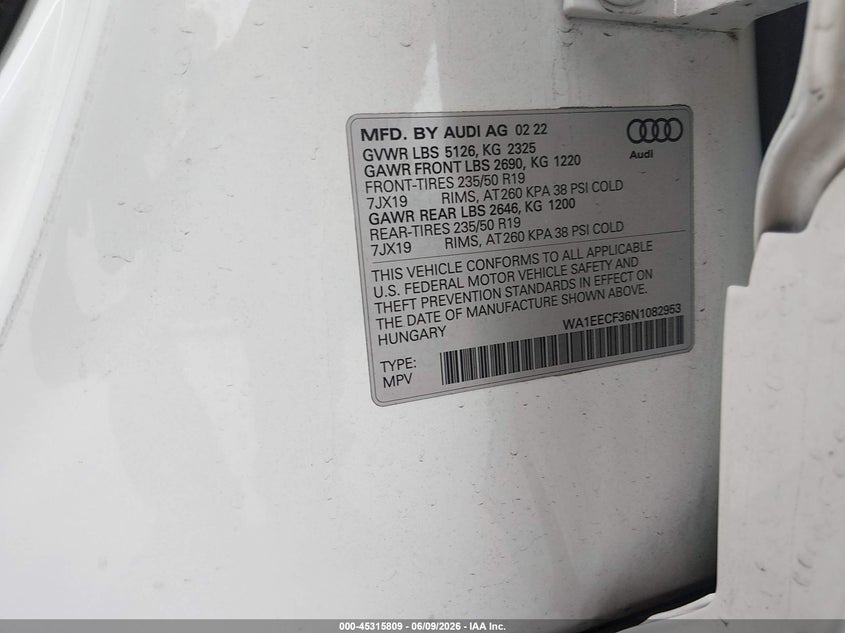 2022 Audi Q3 VIN WA1EECF36N1082953 IAAI salvage auction — LEFT & RIGHT, Salvage Title, sold $6,300 on 2026-07-29 (photo 9)