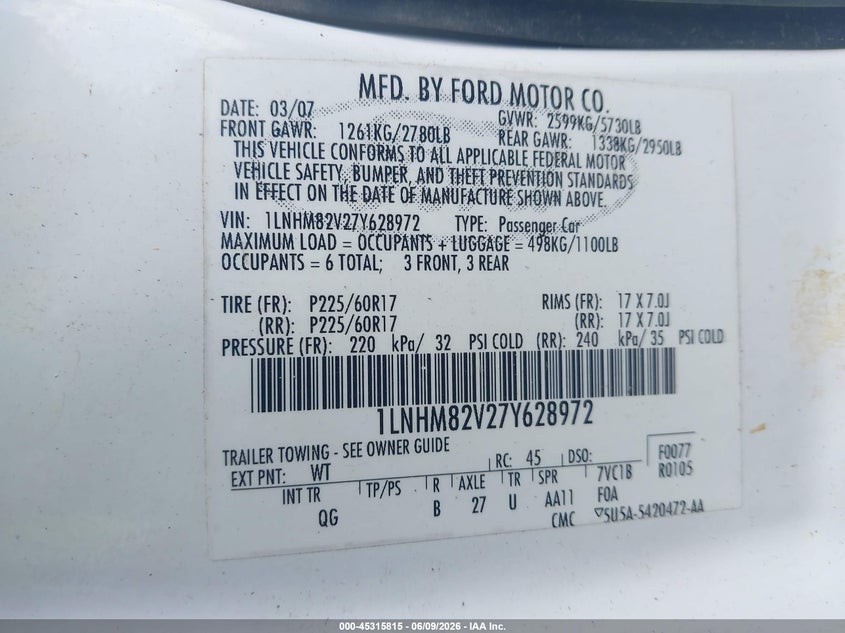 2007 Lincoln TOWN CAR VIN 1LNHM82V27Y628972 IAAI salvage auction — ROOF, Salvage (Mississippi), sold $1,000 on 2026-07-09 (photo 9)