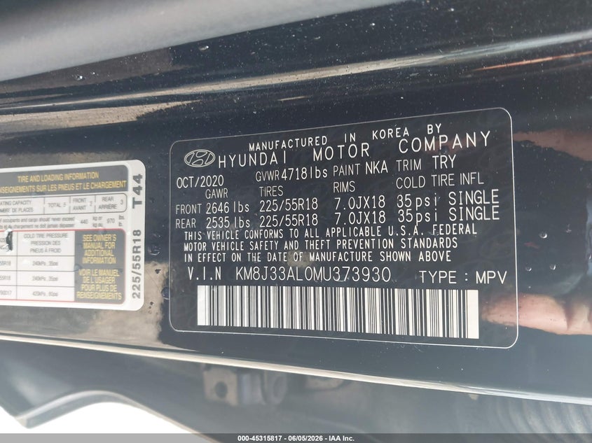 2021 Hyundai Tucson VIN KM8J33AL0MU373930 IAAI salvage auction — RIGHT SIDE, Salvage Title, sold $4,050 on 2026-07-22 (photo 9)
