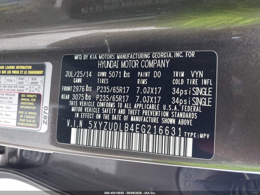 2014 Hyundai Santa fe VIN 5XYZUDLB4EG216631 IAAI salvage auction — RIGHT SIDE, Salvage Title, sold $3,150 on 2026-07-09 (photo 9)