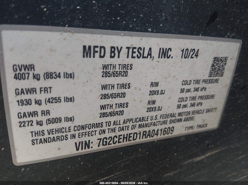 2024 Tesla Cybertruck VIN 7G2CEHED1RA041609 IAAI salvage auction — FRONT END, Salvage (Kansas), sold $28,500 on 2026-08-19 (photo 9)