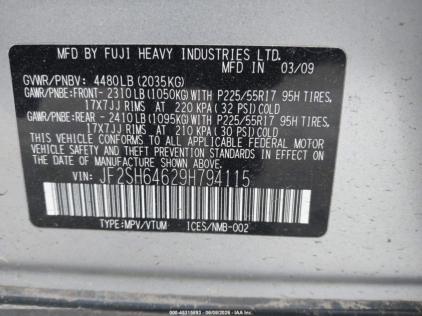 2009 Subaru Forester VIN JF2SH64629H794115 IAAI salvage auction — FRONT END, Salvage (Pennsylvania), sold $825 on 2026-07-22 (photo 9)