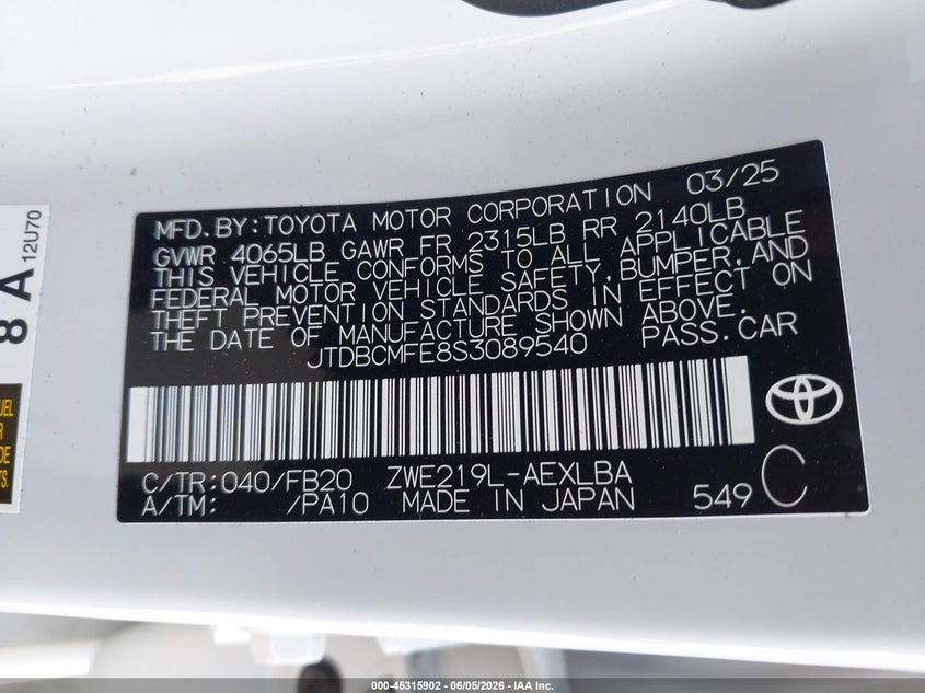 2025 Toyota Corolla VIN JTDBCMFE8S3089540 IAAI salvage auction — RIGHT FRONT, Salvage Title, sold $6,525 on 2026-07-29 (photo 9)