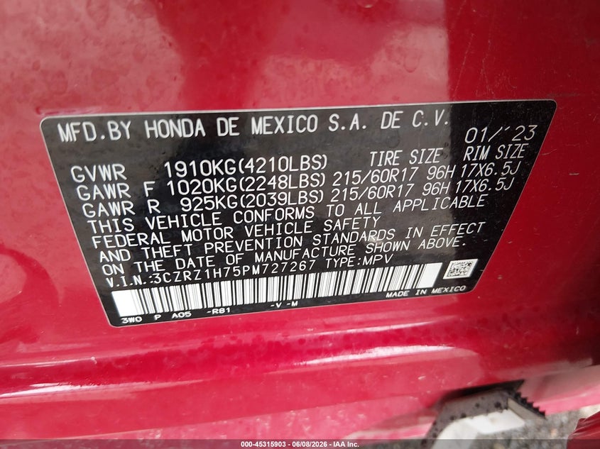 2023 Honda Hr-v VIN 3CZRZ1H75PM727267 IAAI salvage auction — RIGHT SIDE, Salvage Title, sold $4,000 on 2026-07-24 (photo 9)