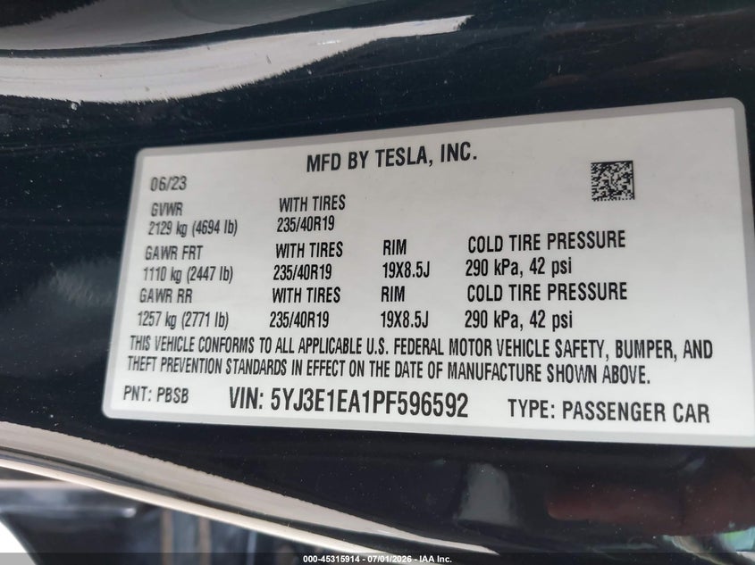 2023 Tesla Model 3 VIN 5YJ3E1EA1PF596592 IAAI salvage auction — REAR END, Original (Texas), sold $10,000 on 2026-09-06 (photo 9)