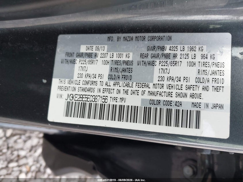 2014 Mazda Cx-5 VIN JM3KE2BE5E0387156 IAAI salvage auction — BIO HAZARD, Clear (Alabama), sold $25 on 2026-07-23 (photo 9)