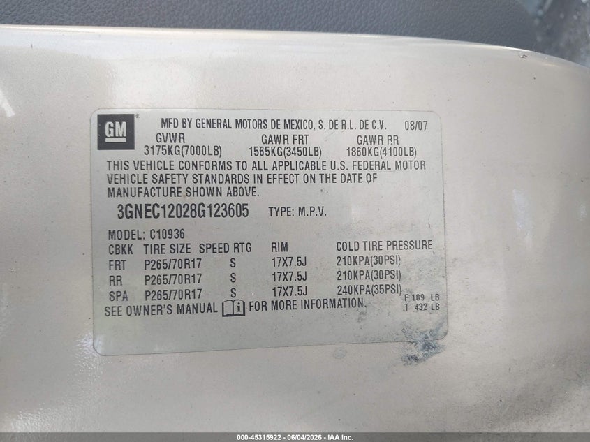 2008 Chevrolet Avalanche VIN 3GNEC12028G123605 IAAI salvage auction — NORMAL WEAR, Clear (Tennessee), sold $900 on 2026-07-09 (photo 9)