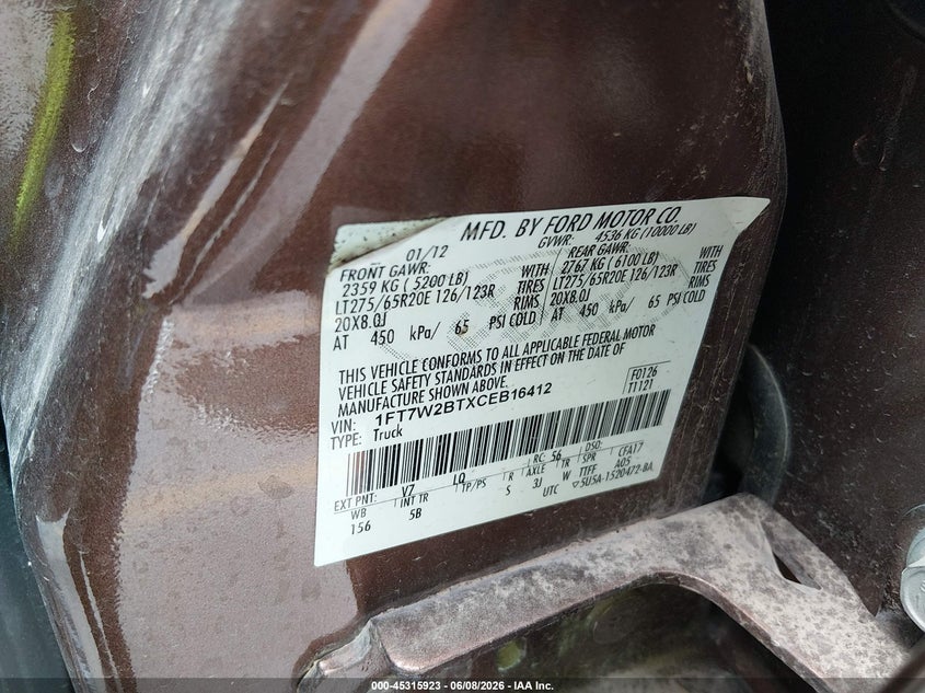 2012 Ford F250 VIN 1FT7W2BTXCEB16412 IAAI salvage auction — LEFT FRONT, Original (Texas), sold $5,700 on 2026-07-22 (photo 9)