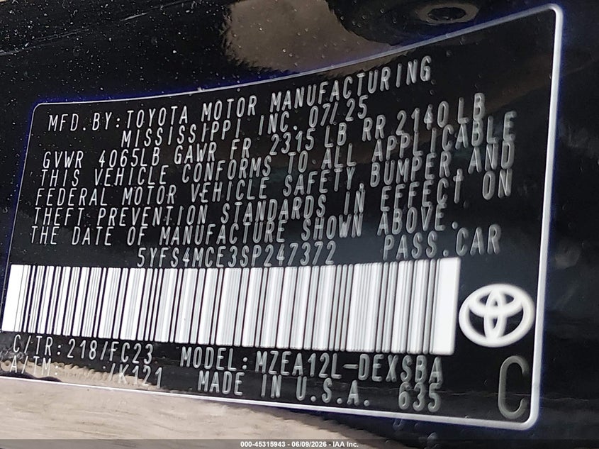 2025 Toyota Corolla VIN 5YFS4MCE3SP247372 IAAI salvage auction — FRONT & REAR, Original (Texas), sold $6,300 on 2026-07-30 (photo 9)