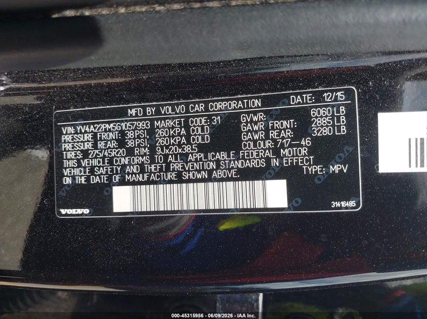 2016 Volvo Xc90 VIN YV4A22PM5G1057993 IAAI salvage auction — SIDE, Original (Texas), sold $4,500 on 2026-07-22 (photo 9)