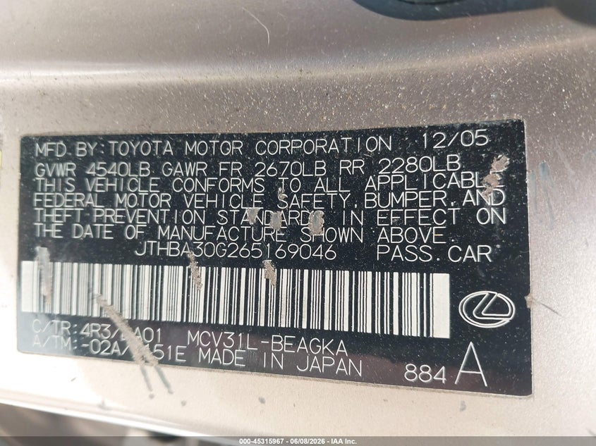 2006 Lexus ES VIN JTHBA30G265169046 IAAI salvage auction — FRONT END, Salvage (Louisiana), sold $650 on 2026-07-10 (photo 9)