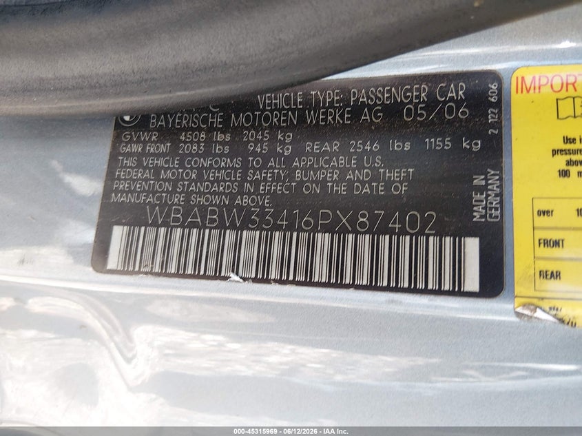 2006 BMW 3er VIN WBABW33416PX87402 IAAI salvage auction — LEFT SIDE, Salvage (Arkansas), sold $1,300 on 2026-08-20 (photo 9)