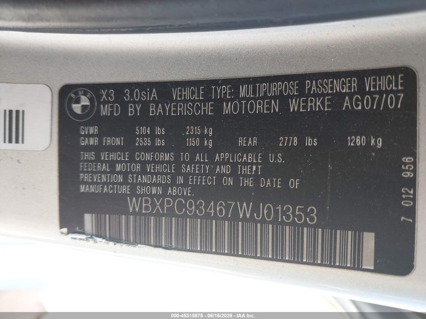 2007 BMW X3 VIN WBXPC93467WJ01353 IAAI salvage auction — ROOF, Salvage - Greater Than 75% (Maryland), sold $175 on 2026-07-22 (photo 9)