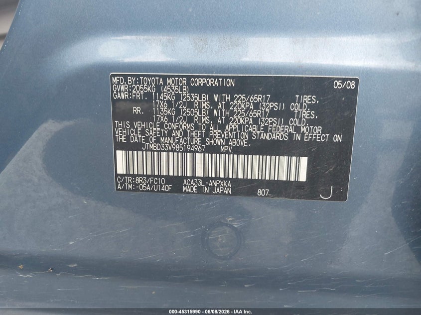 2008 Toyota Rav4 VIN JTMBD33V985194967 IAAI salvage auction — RIGHT SIDE, Salvage (Kentucky), sold $1,000 on 2026-07-28 (photo 9)