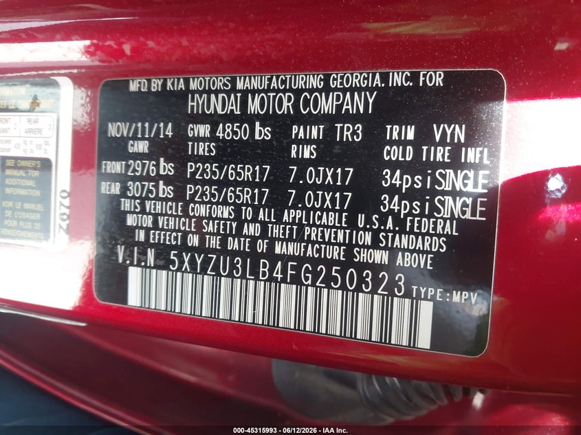 2015 Hyundai Santa fe VIN 5XYZU3LB4FG250323 IAAI salvage auction — FRONT END, Salvage (North Carolina), sold $2,100 on 2026-07-15 (photo 9)