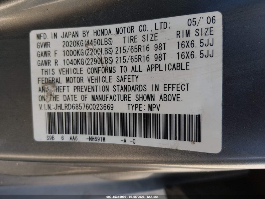 2006 Honda Cr-v VIN JHLRD68576C023669 IAAI salvage auction — FRONT END, Salvage (Pennsylvania), sold $700 on 2026-07-24 (photo 9)