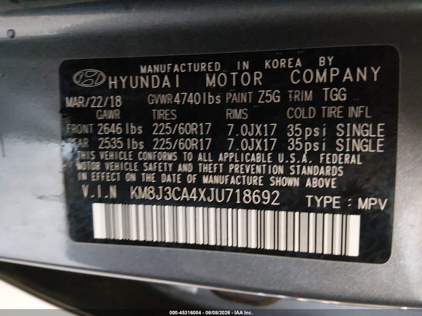 2018 Hyundai Tucson VIN KM8J3CA4XJU718692 IAAI salvage auction — FRONT END, Clear (Tennessee), sold $1,800 on 2026-07-29 (photo 9)