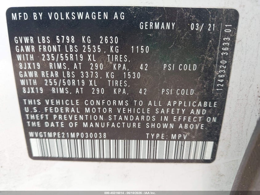 2021 Volkswagen Id.4 VIN WVGTMPE21MP030038 IAAI salvage auction — SIDE, Salvage Title, sold $7,600 on 2026-08-16 (photo 9)