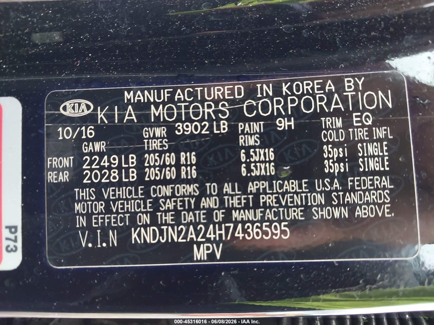 2017 Kia Soul VIN KNDJN2A24H7436595 IAAI salvage auction — THEFT, Salvage Title, sold $1,250 on 2026-07-16 (photo 9)