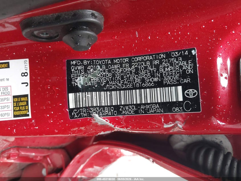 2014 Toyota Prius VIN JTDKN3DU6E1816866 IAAI salvage auction — LEFT SIDE, Salvage Title, sold $1,750 on 2026-07-08 (photo 9)